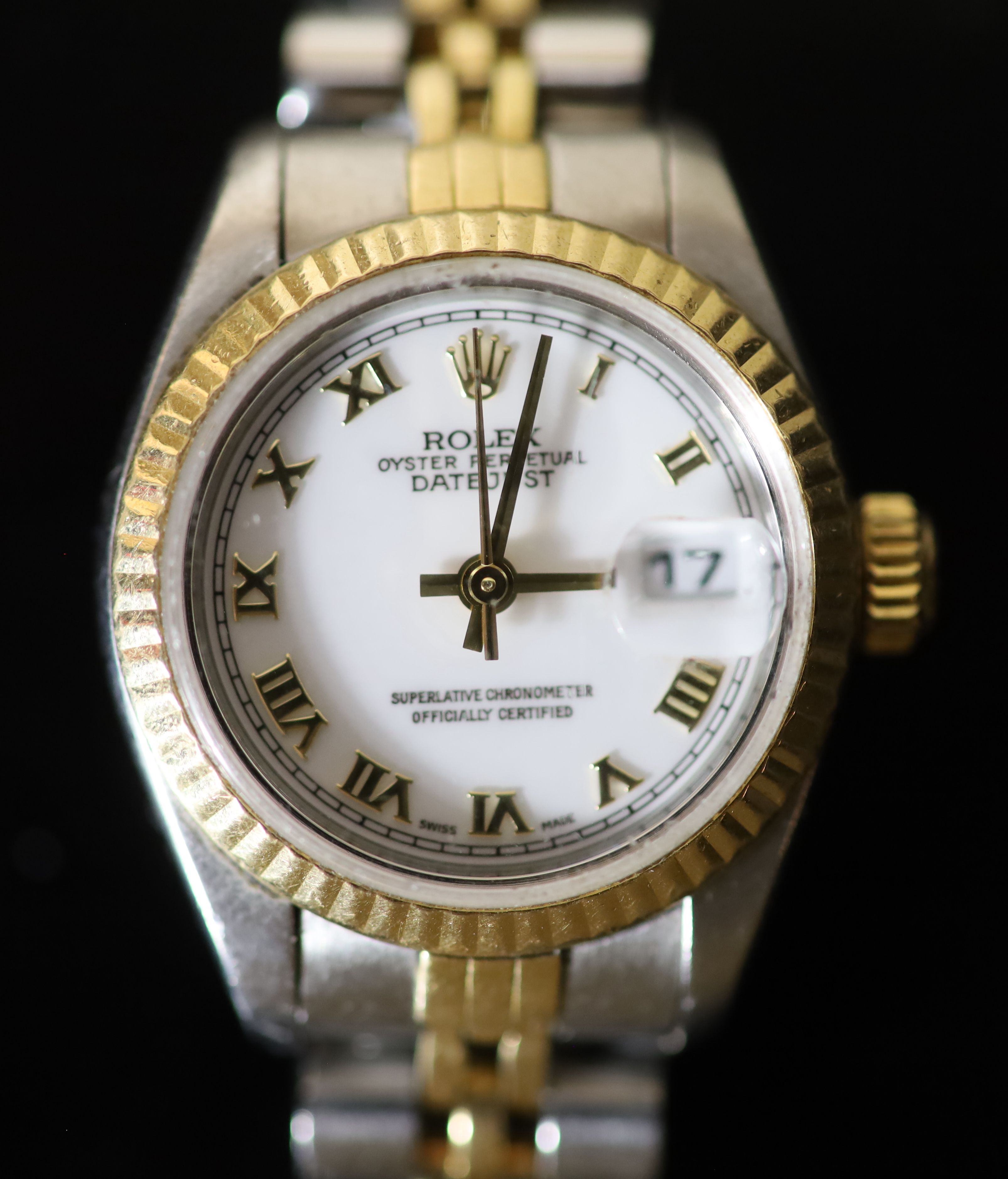 A ladys early 1990s steel and gold Rolex Oyster Perpetual Datejust wrist watch, on a steel and gold Rolex bracelet,